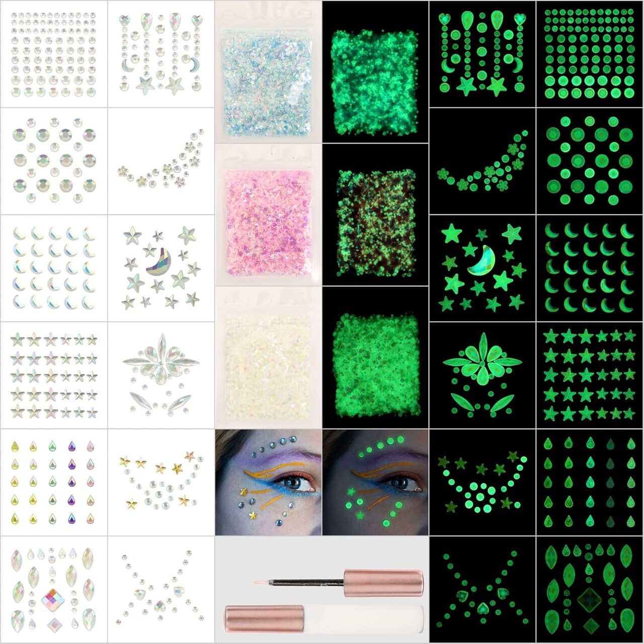 Noctilucent Face Gems – 12Pcs Luminous Face Jewels Stickers + 15g Chunky Glow-in-the-Dark Face Glitter & 5g Body Glue – Festival, Rave, Halloween & Party Makeup Accessories (Luminous)